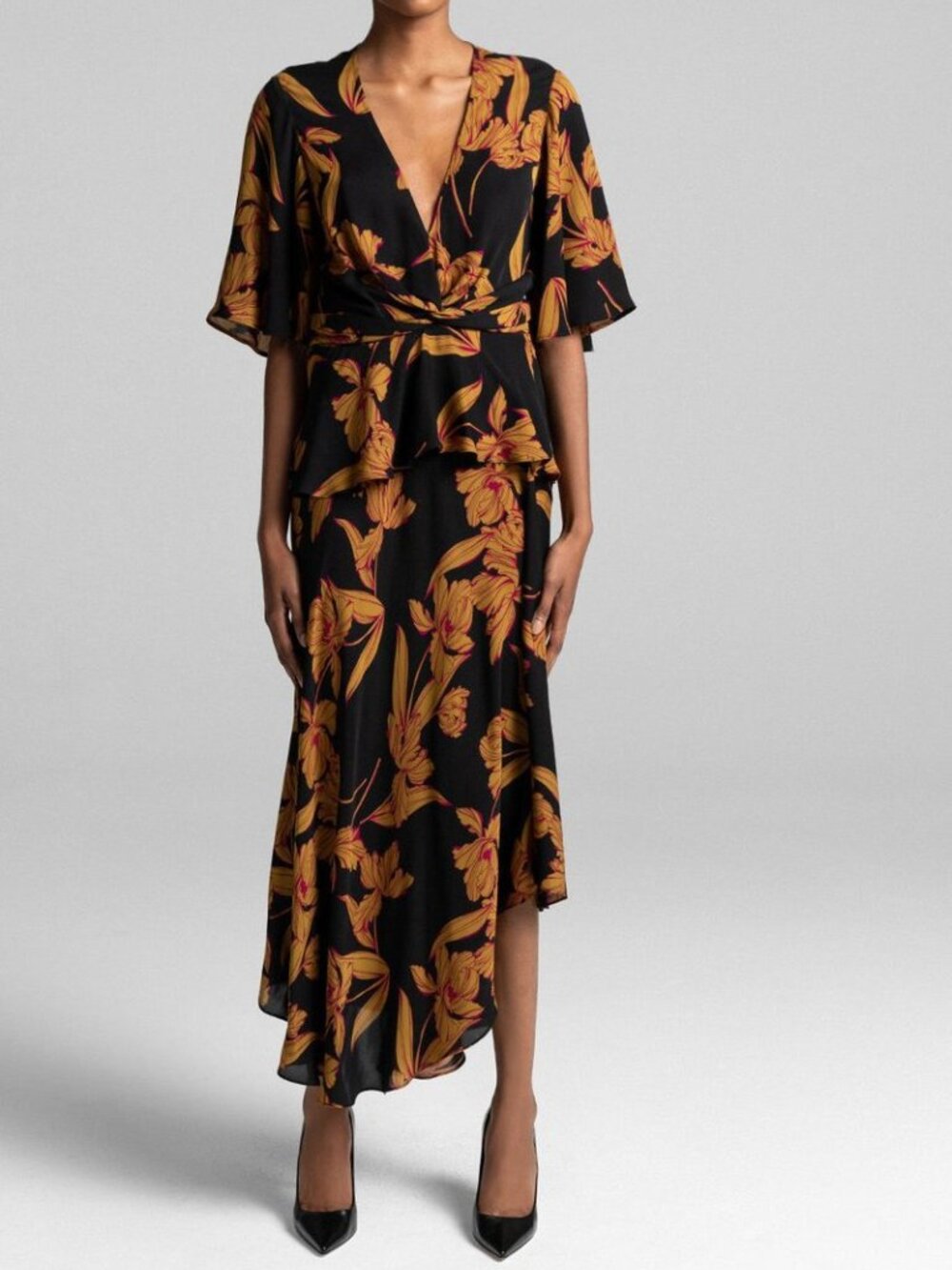 A.L.C. "Avi" Black Floral Silk Twist-Front Asymmetric Midi Dress Size 4